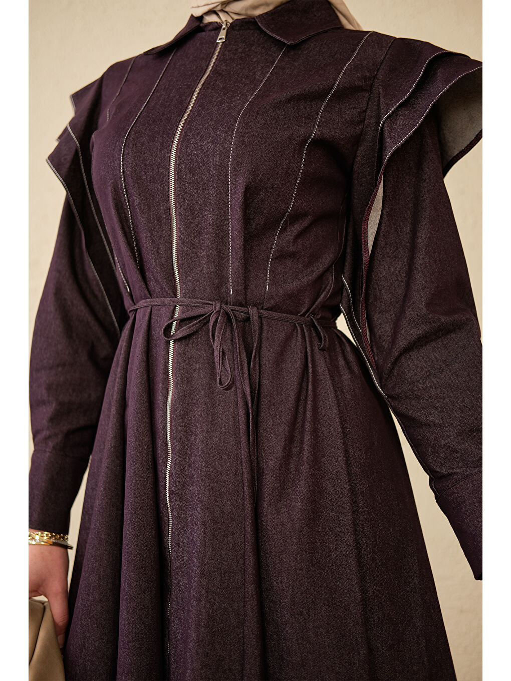 Kadın Dikiş Detay Omuz Büzgülü Jean Elbise Mürdüm-3