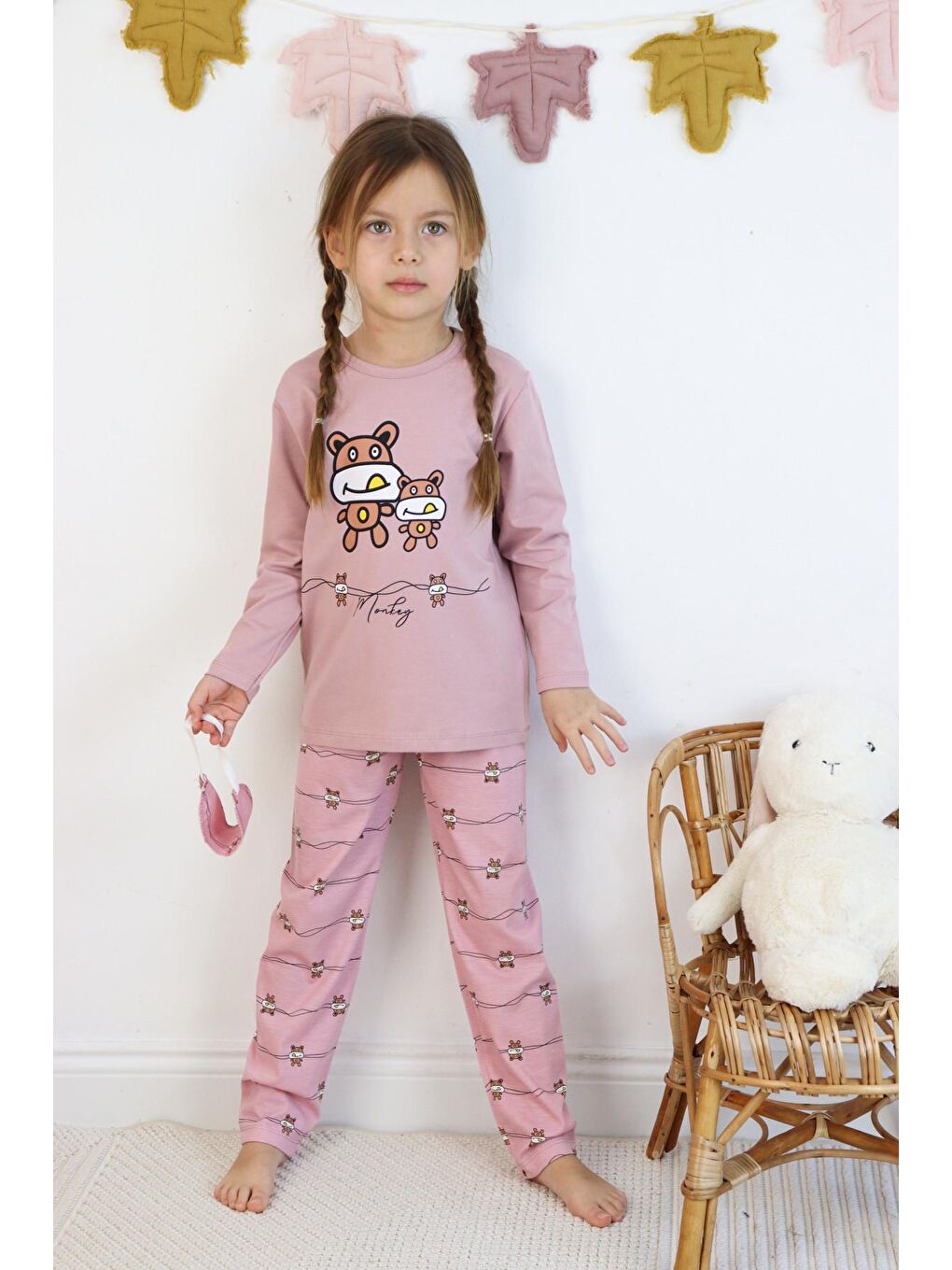 Gri Kız Çocuk Baskılı Göz Bantlı Pijama Takımı-1