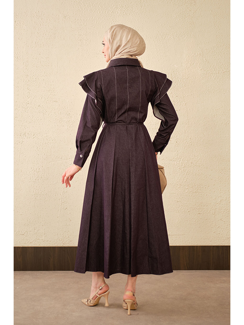 Kadın Dikiş Detay Omuz Büzgülü Jean Elbise Mürdüm-4