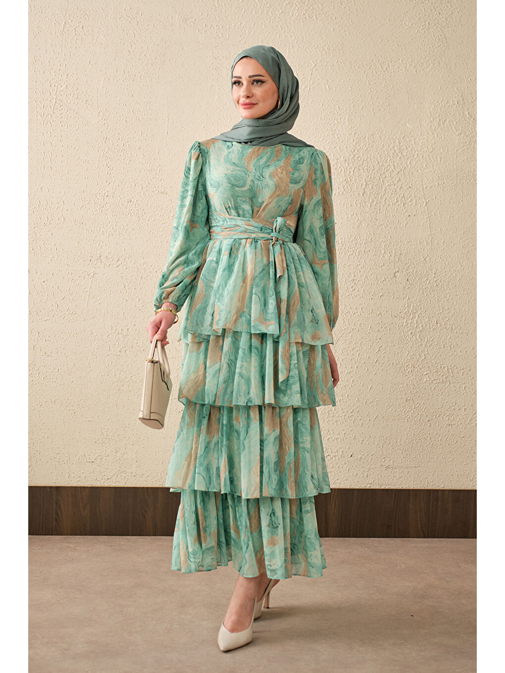 Turkuaz Kadın Kat Kat Detay Kuşaklı Astarlı Şifon Elbise Su Yeşil-1