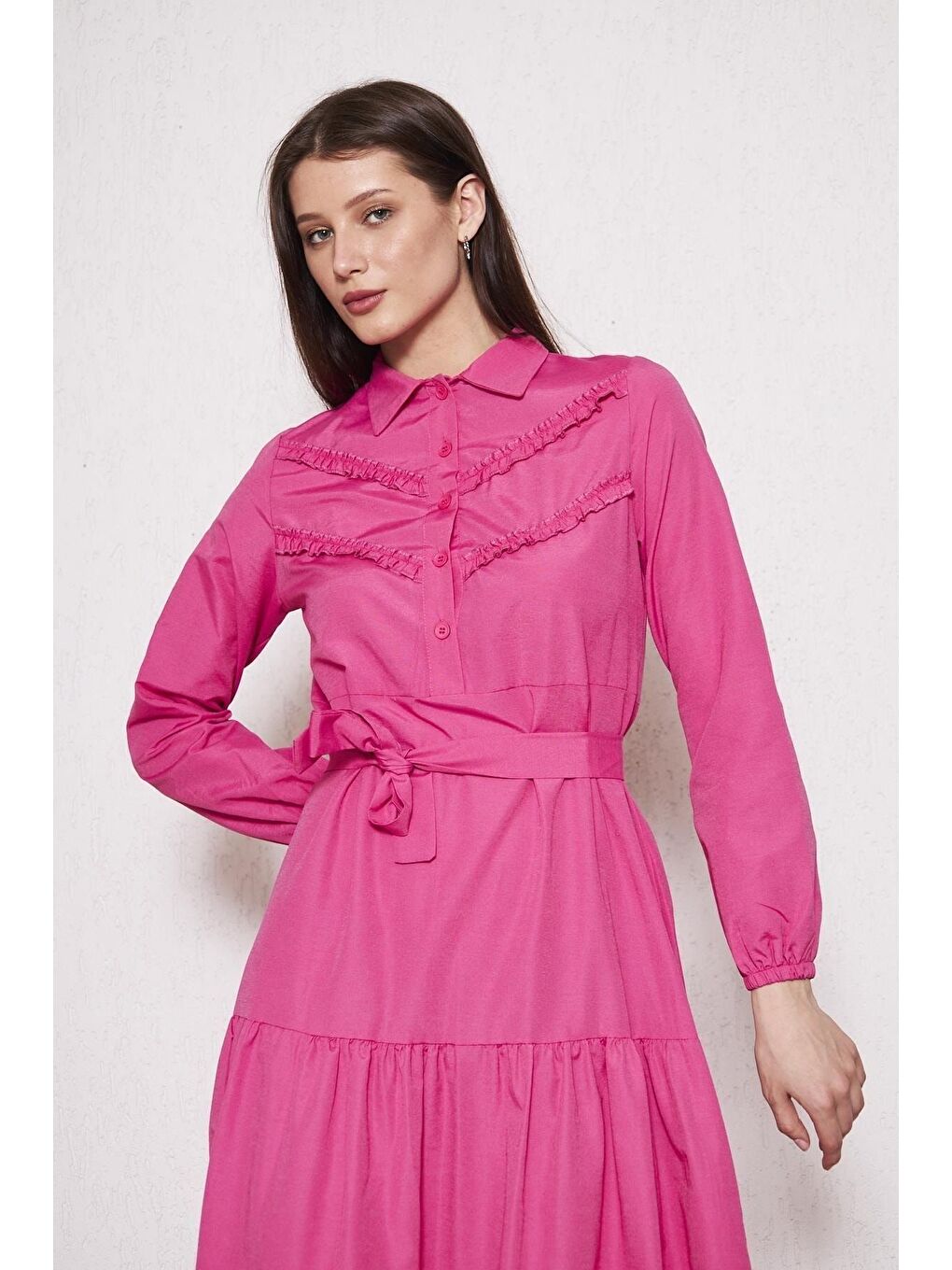 Fuşya Kadın Katlı Pilise Detaylı Gömlek Yaka Elbise
