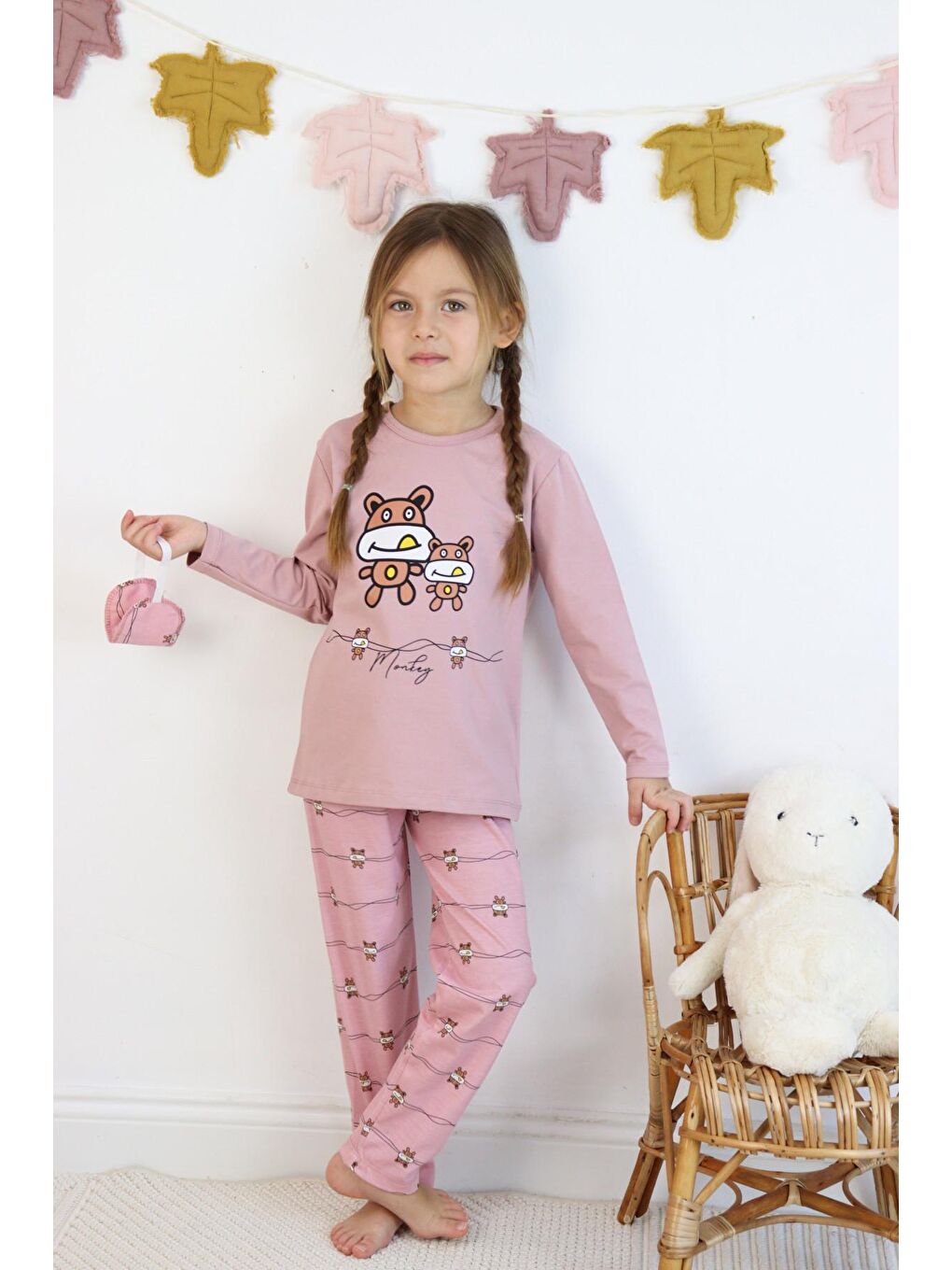 Gri Kız Çocuk Baskılı Göz Bantlı Pijama Takımı-2