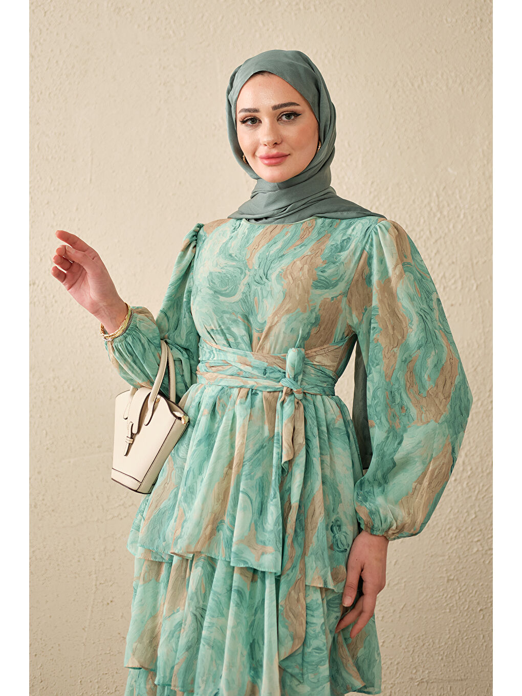 Turkuaz Kadın Kat Kat Detay Kuşaklı Astarlı Şifon Elbise Su Yeşil-2