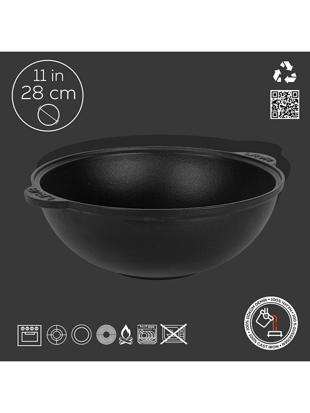 Siyah Yuvarlak Kazan / Tencere. Döküm Demir Yekpare Kulplu Çap(Ø)28cm.-1