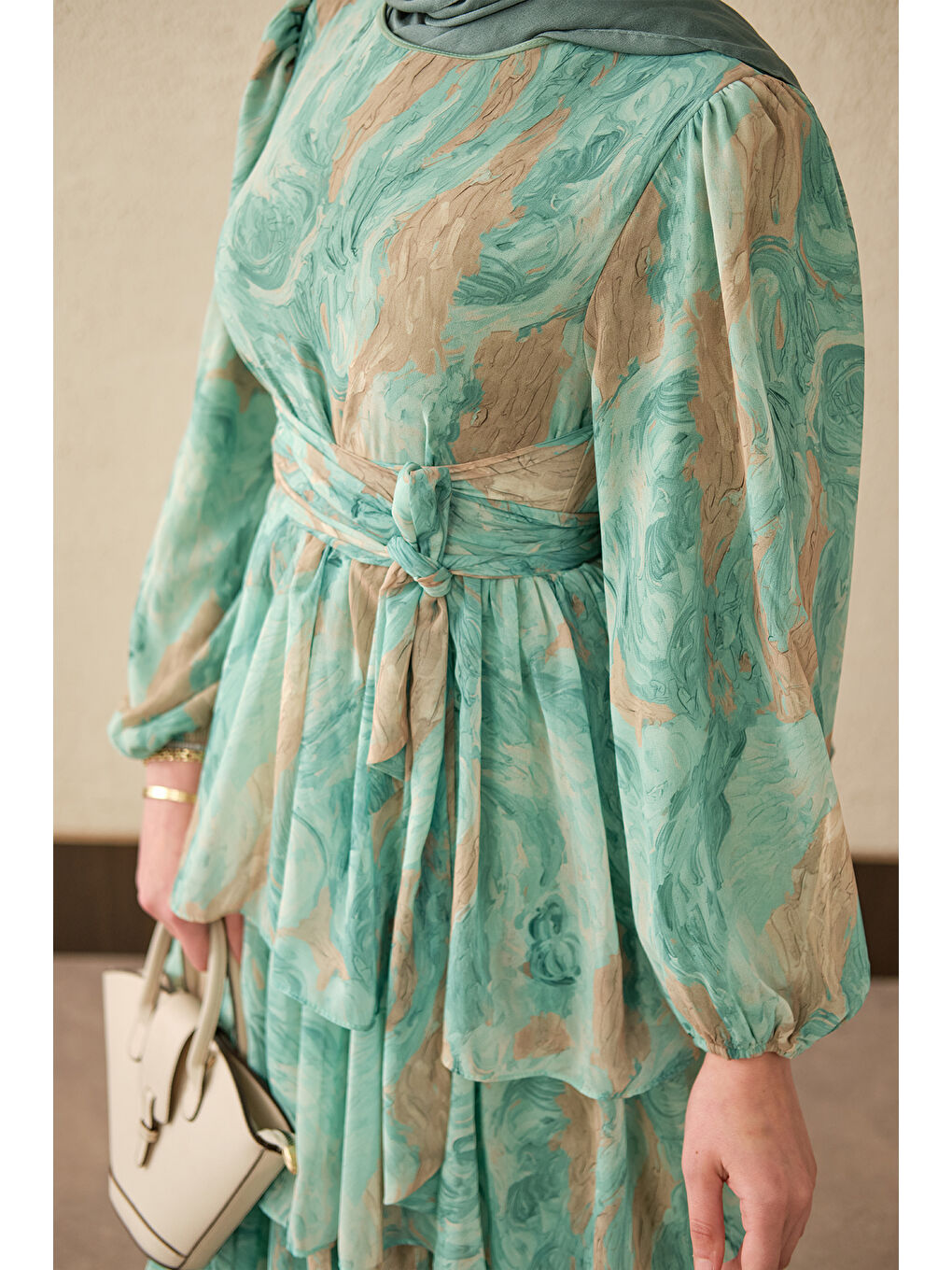 Turkuaz Kadın Kat Kat Detay Kuşaklı Astarlı Şifon Elbise Su Yeşil-3