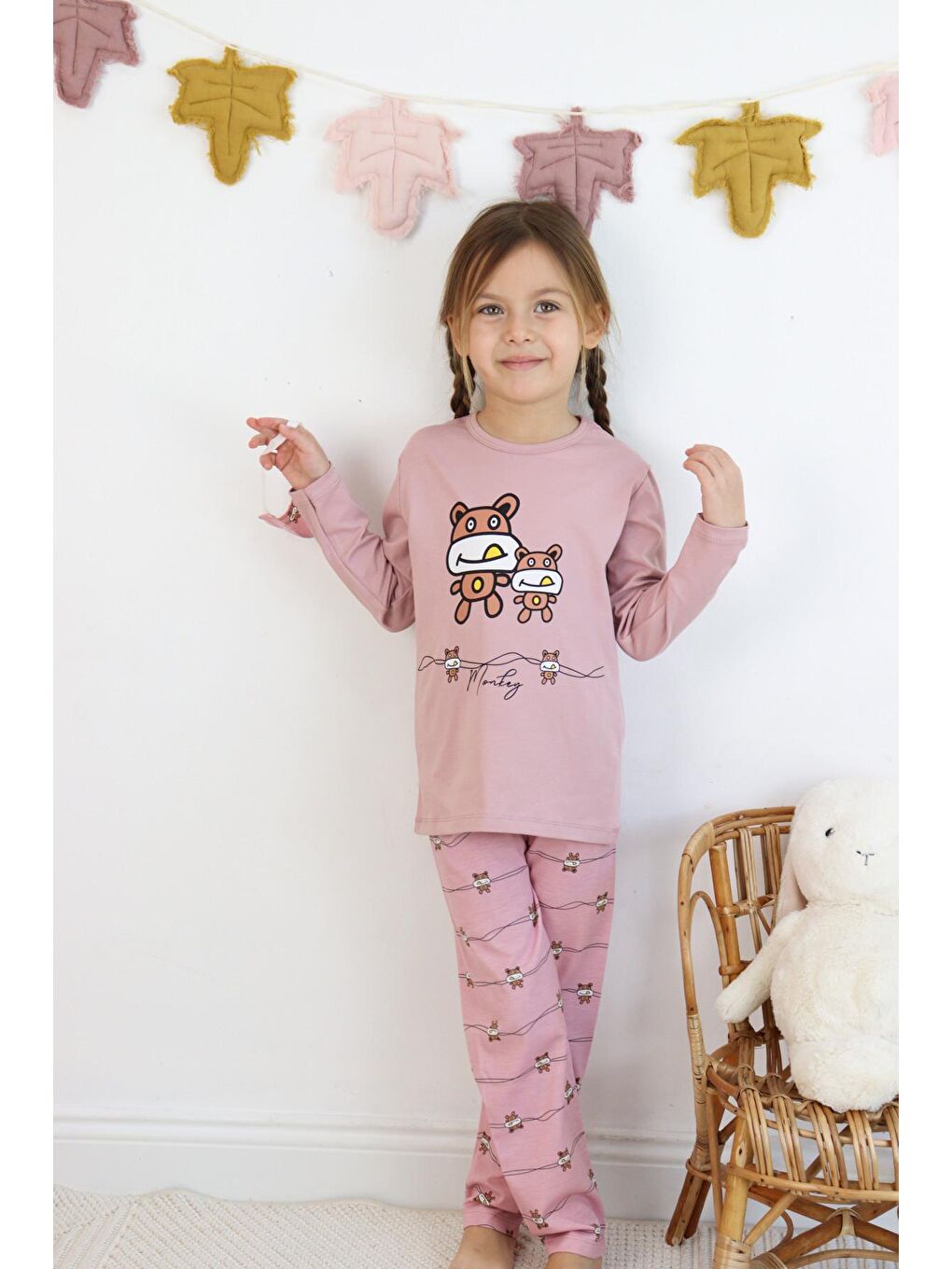 Gri Kız Çocuk Baskılı Göz Bantlı Pijama Takımı-4