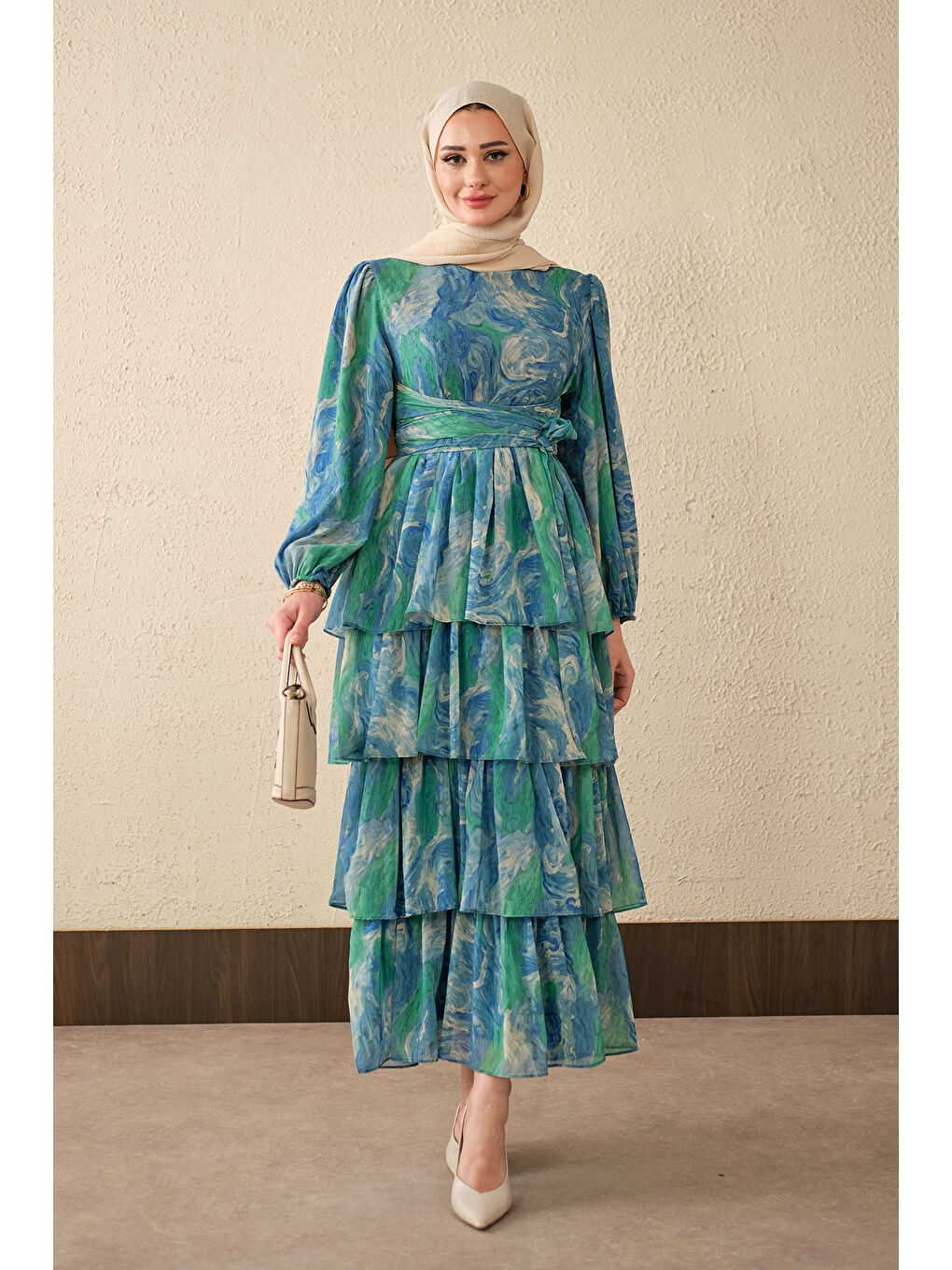 Kadın Kat Kat Detay Kuşaklı Astarlı Şifon Elbise Mavi