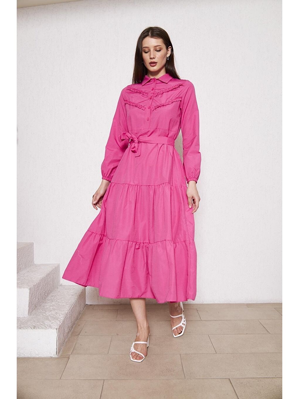 Fuşya Kadın Katlı Pilise Detaylı Gömlek Yaka Elbise-1