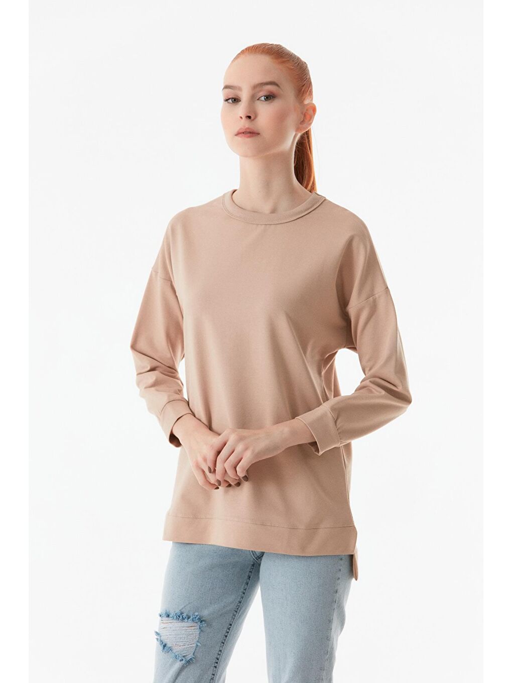 Fullamoda Bej Basic Bisiklet Yaka Sweatshirt