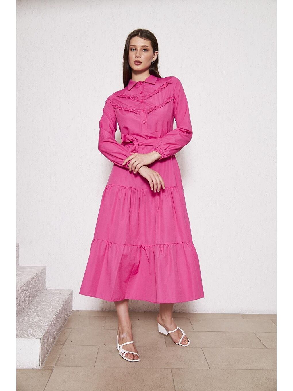 Fuşya Kadın Katlı Pilise Detaylı Gömlek Yaka Elbise-2