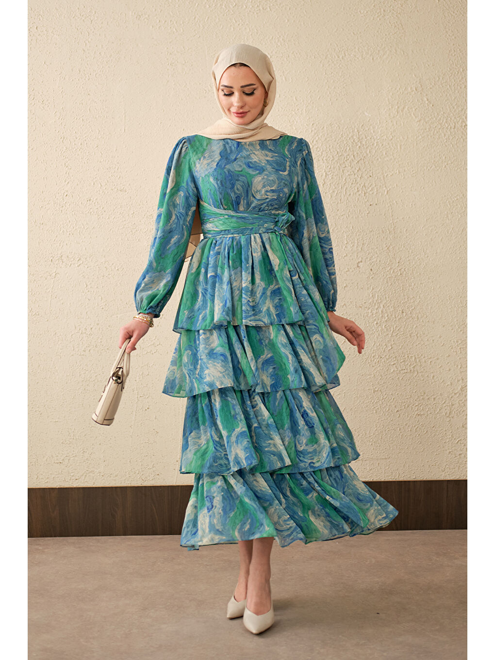 Kadın Kat Kat Detay Kuşaklı Astarlı Şifon Elbise Mavi-1