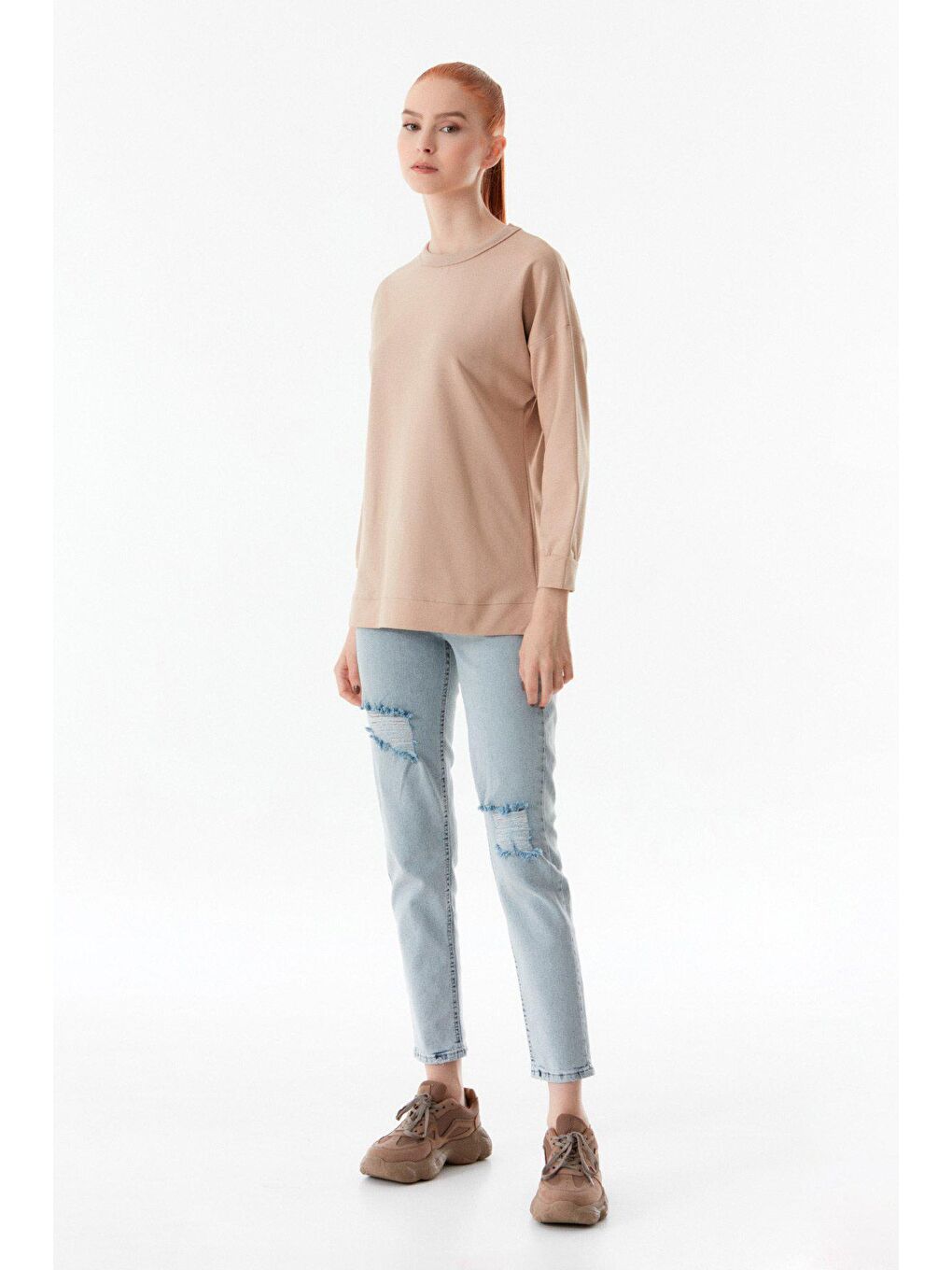 Fullamoda Bej Basic Bisiklet Yaka Sweatshirt - 1