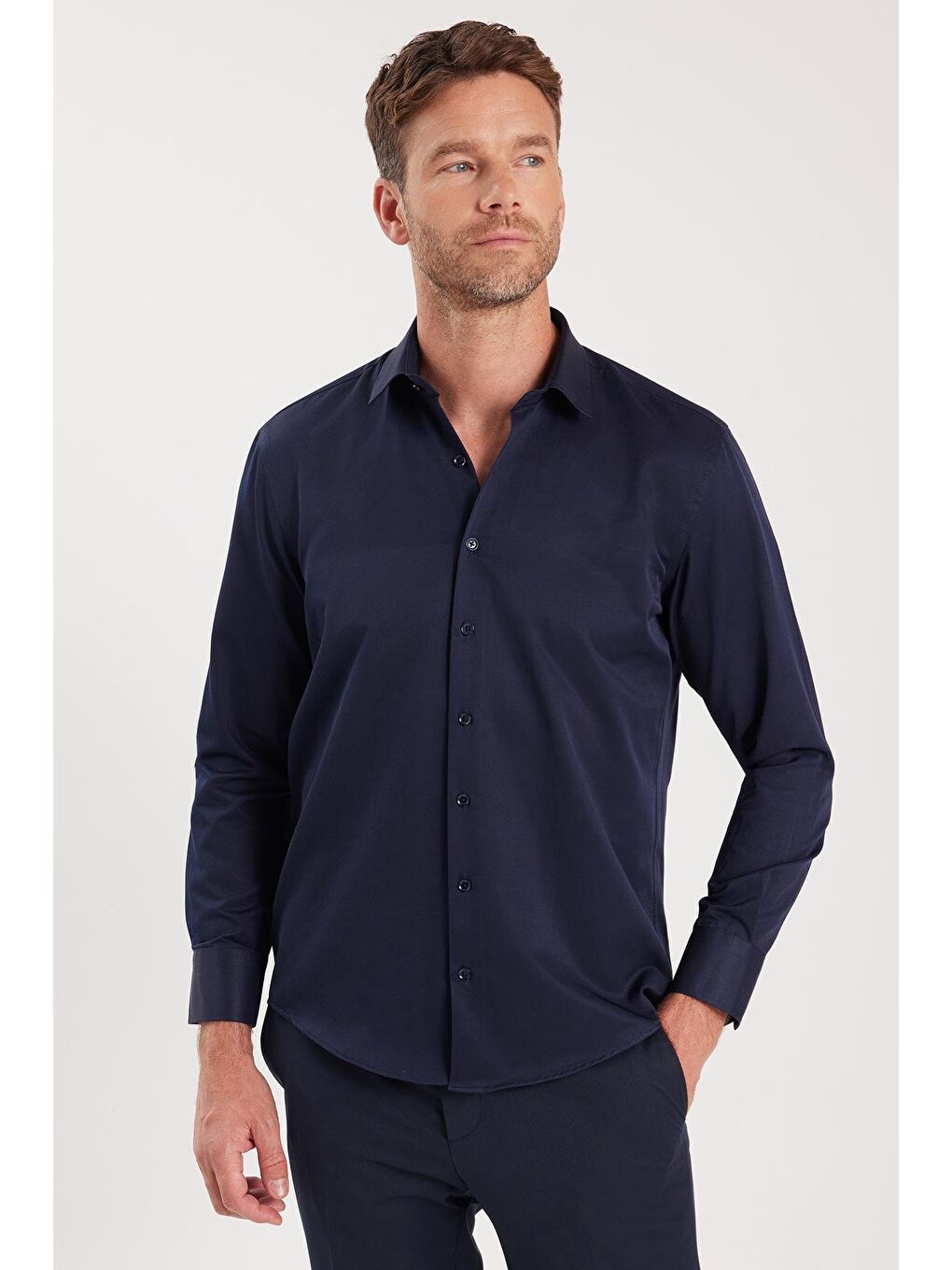 Erkek Regular Fit Klasik Kesim Pamuklu Düz Lacivert Gömlek