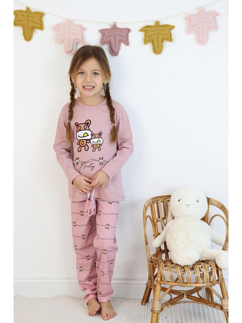 Gri Kız Çocuk Baskılı Göz Bantlı Pijama Takımı-6