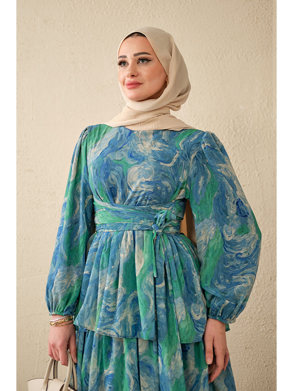 Kadın Kat Kat Detay Kuşaklı Astarlı Şifon Elbise Mavi-2