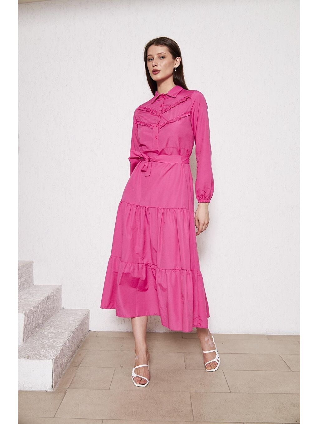 Fuşya Kadın Katlı Pilise Detaylı Gömlek Yaka Elbise-3