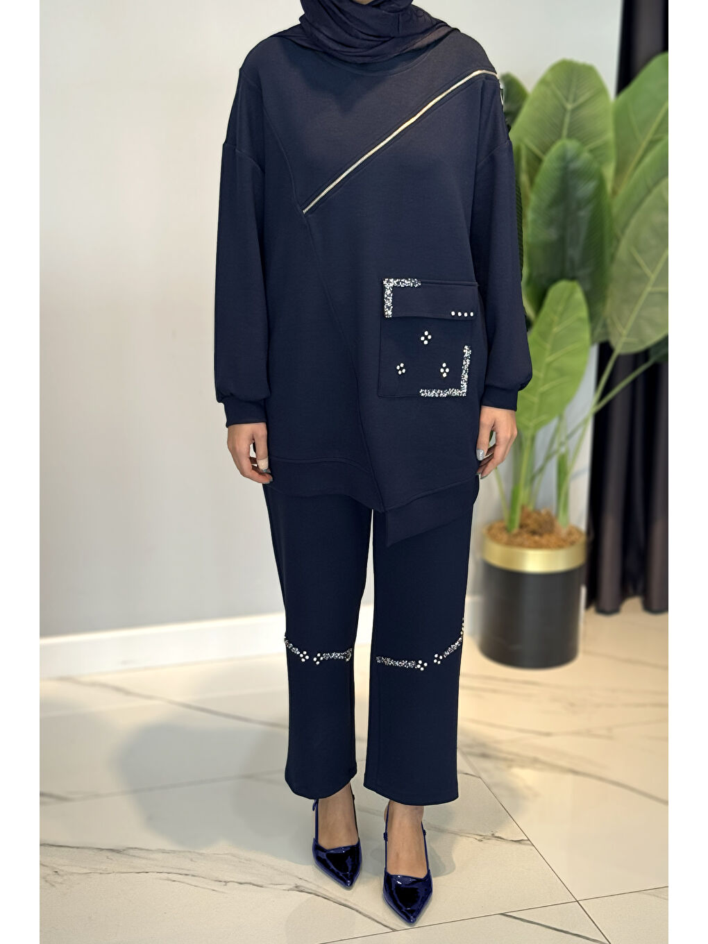 Taş ve Fermuar Detaylı Modal Takım 120276 Lacivert-3