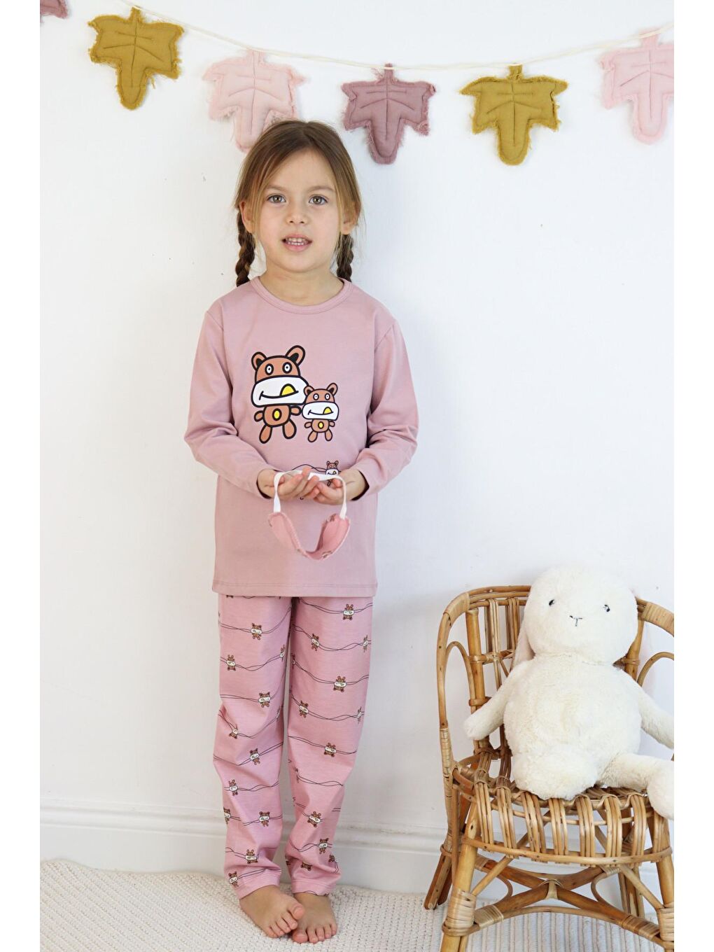 Gri Kız Çocuk Baskılı Göz Bantlı Pijama Takımı-7