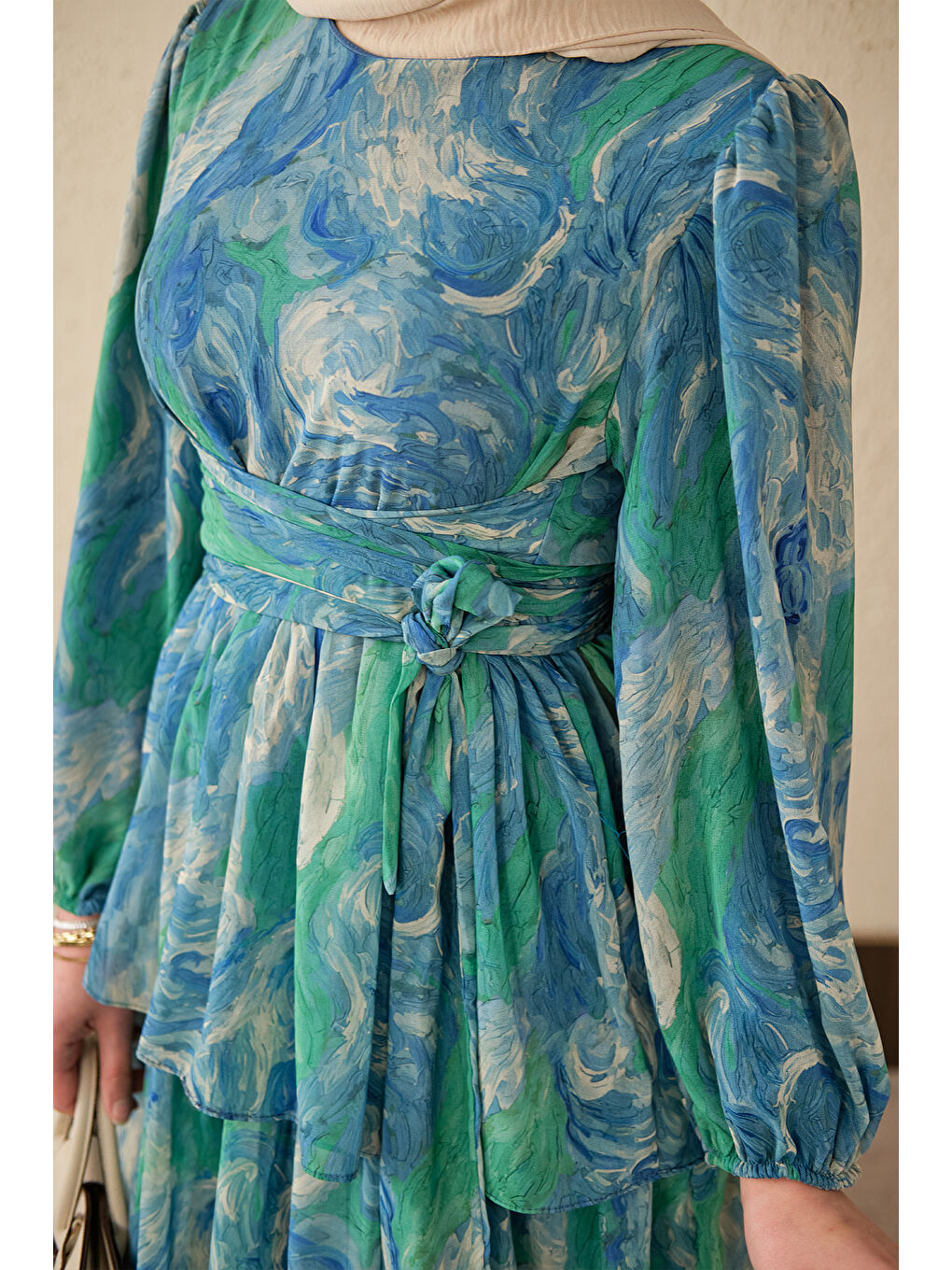 Kadın Kat Kat Detay Kuşaklı Astarlı Şifon Elbise Mavi-3