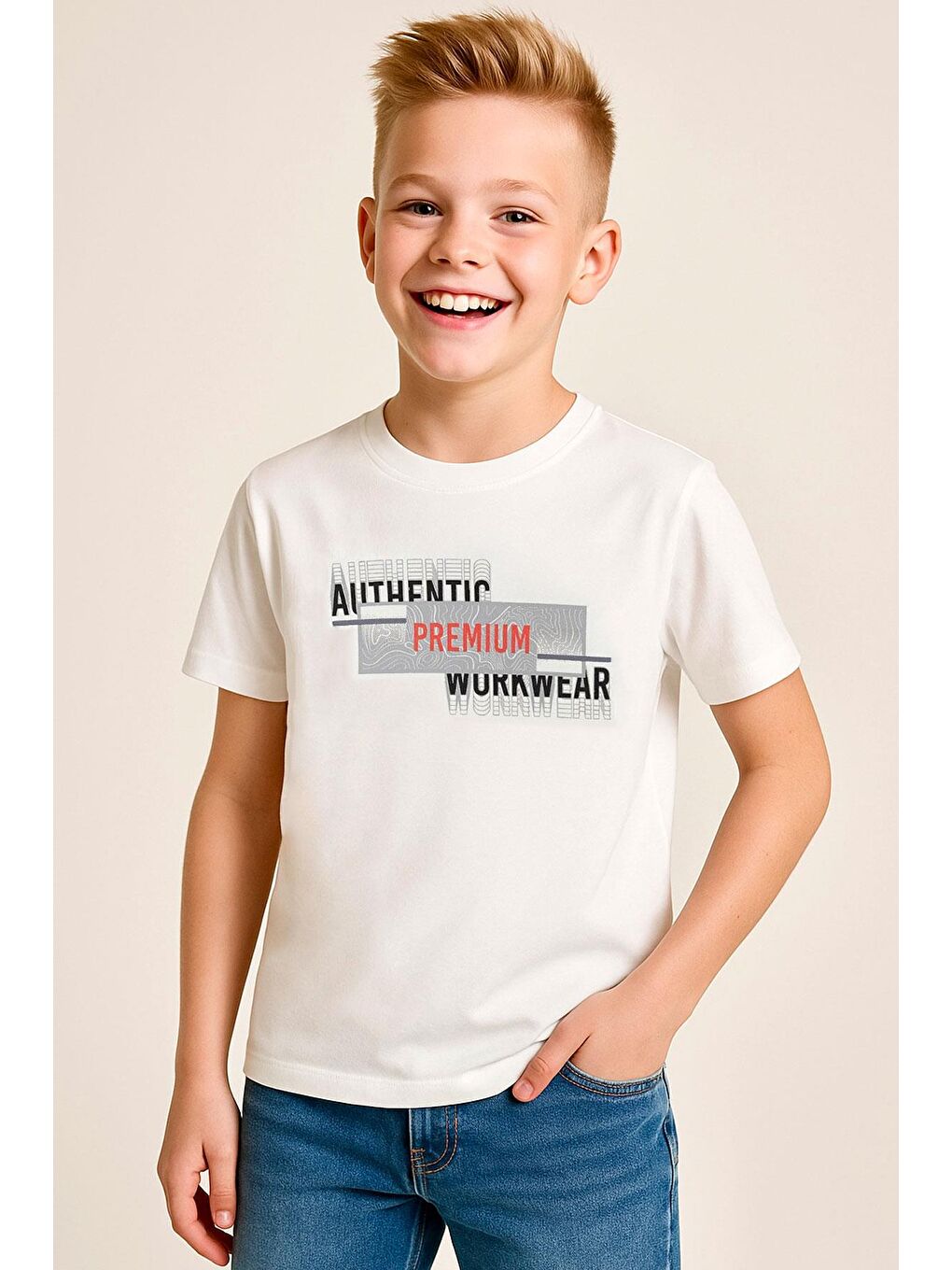 Erkek Çocuk Tişört Yansıma Efekti Yazı Baskılı Ekru (8-14 Yaş)