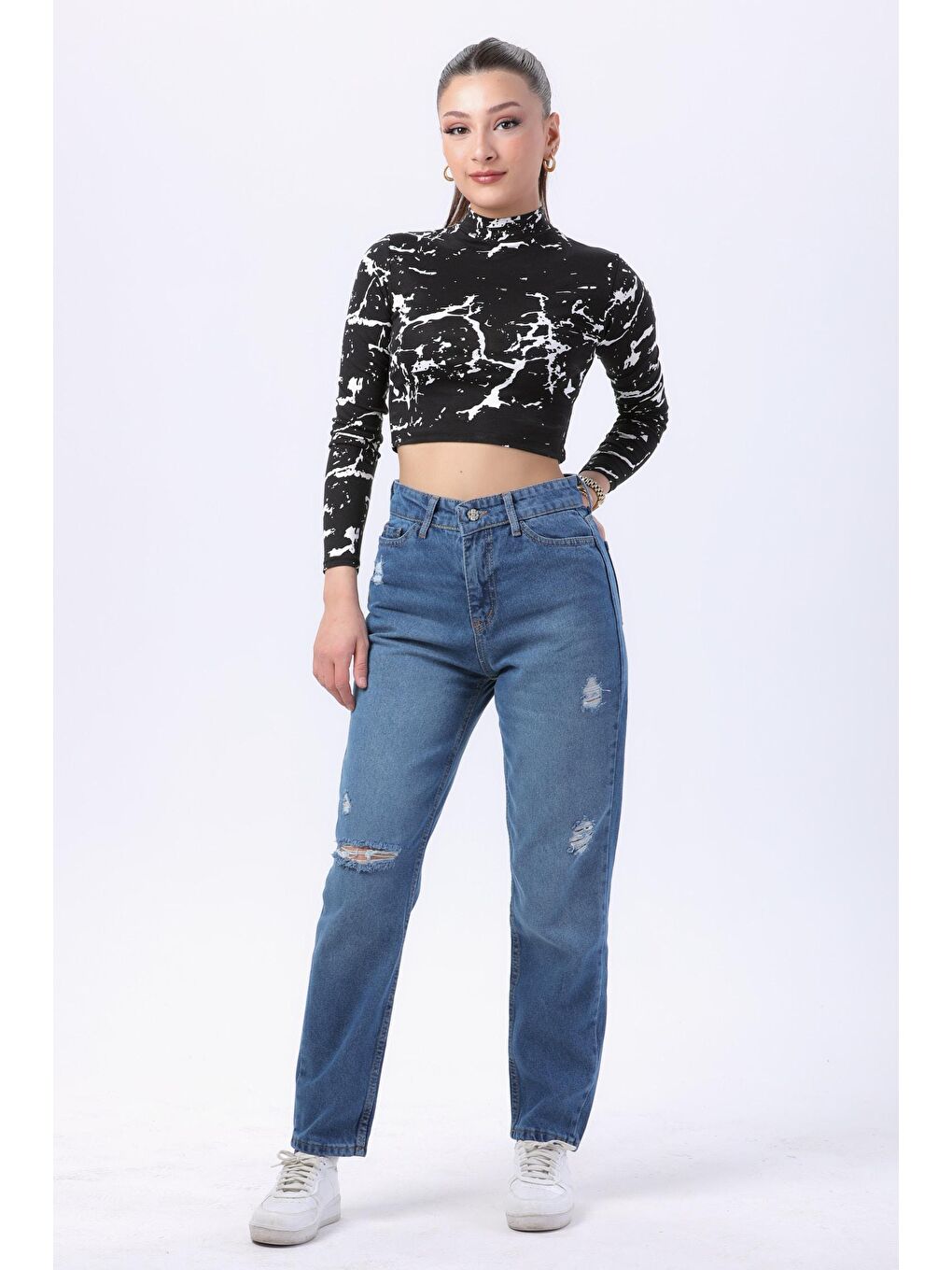 TOFİSA Mavi Düz Orta Kadın Mavi Mom Jeans Jean Pantolon - 23809