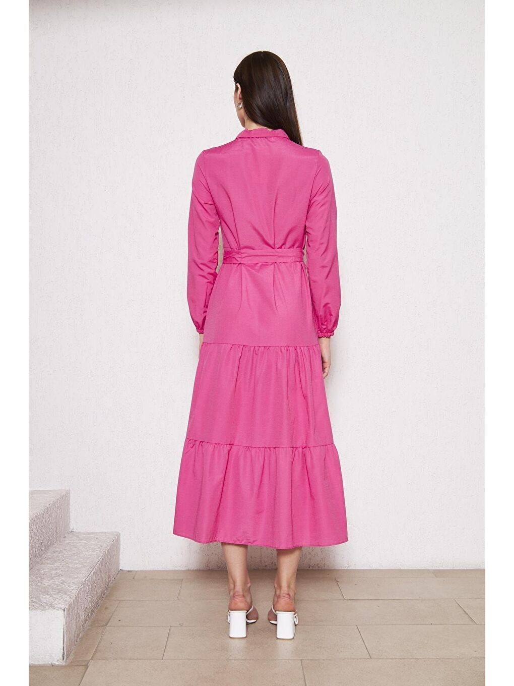 Fuşya Kadın Katlı Pilise Detaylı Gömlek Yaka Elbise-4