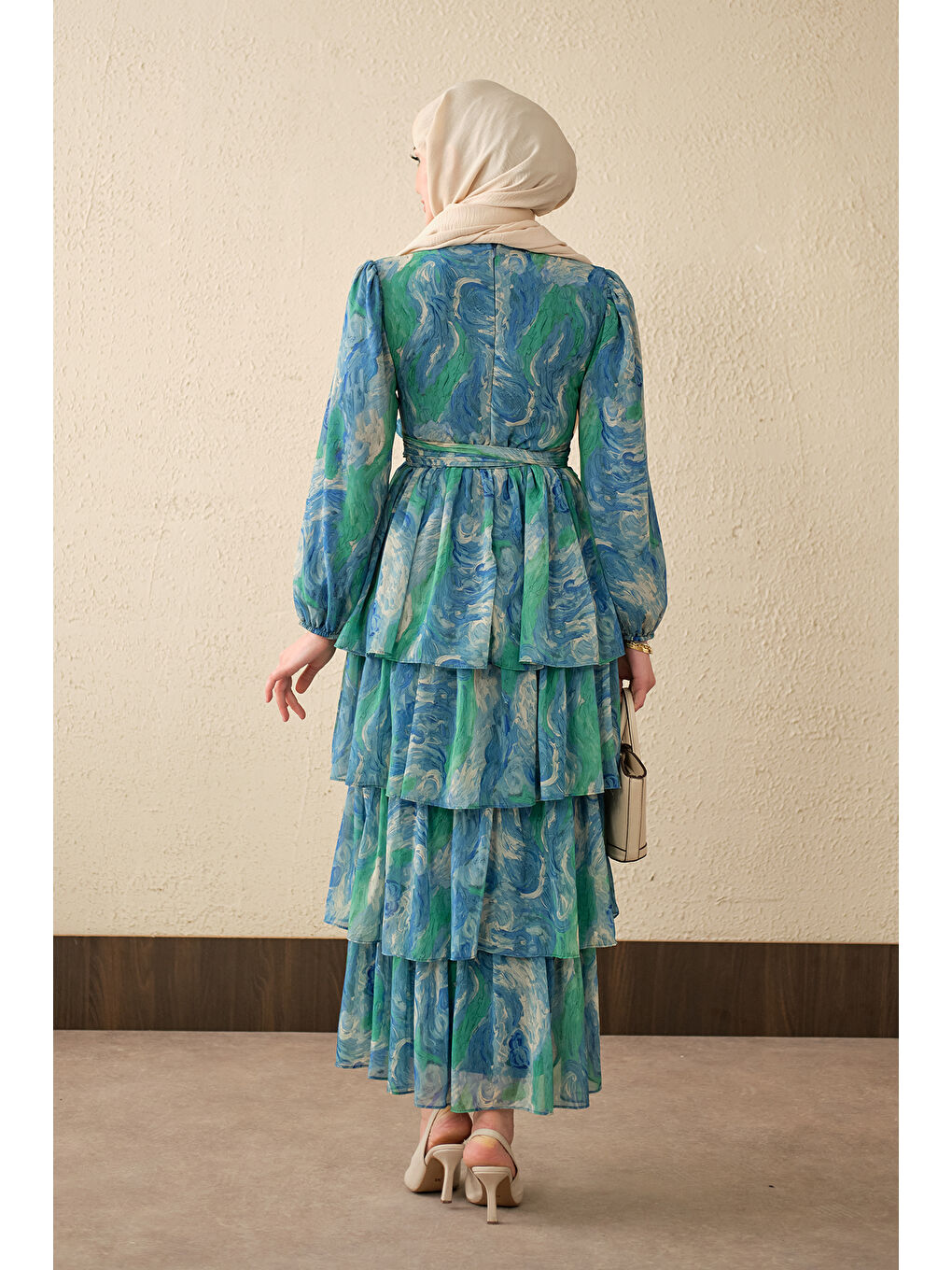 Kadın Kat Kat Detay Kuşaklı Astarlı Şifon Elbise Mavi-4