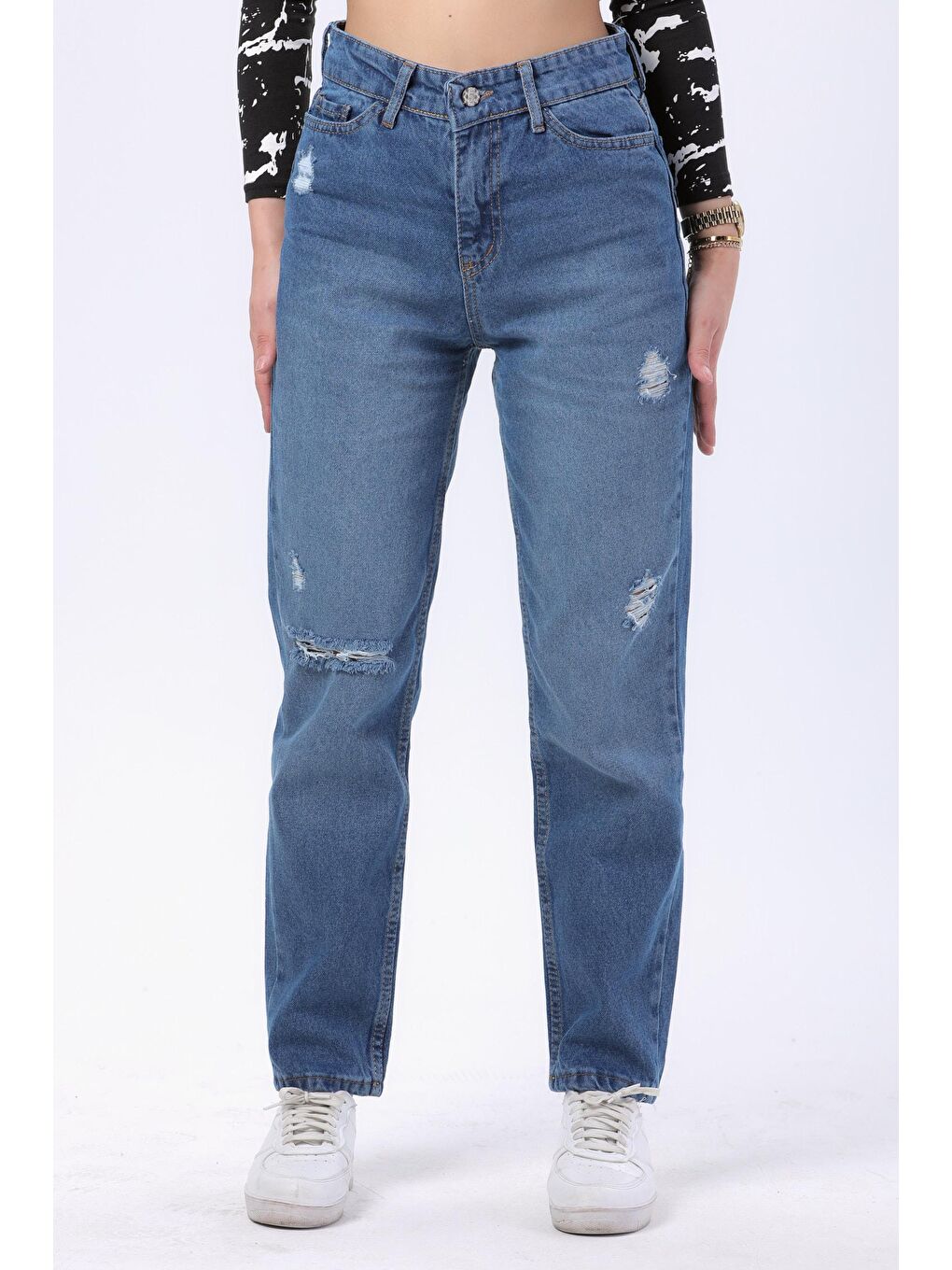 TOFİSA Mavi Düz Orta Kadın Mavi Mom Jeans Jean Pantolon - 23809 - 1