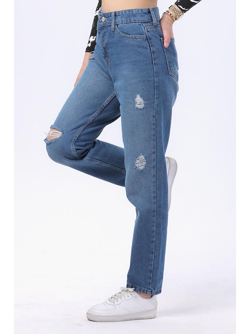 TOFİSA Mavi Düz Orta Kadın Mavi Mom Jeans Jean Pantolon - 23809 - 2