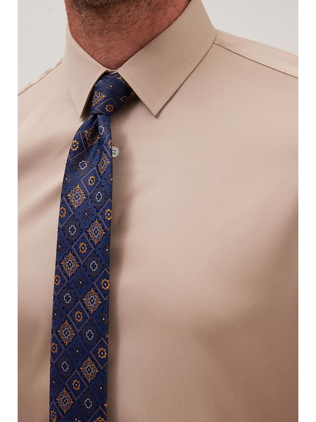 Slim Fit Bej Non-Iron %100 Pamuk Doğa Dostu Ekoteks Belgeli Ütü Gerektirmez Gömlek-2