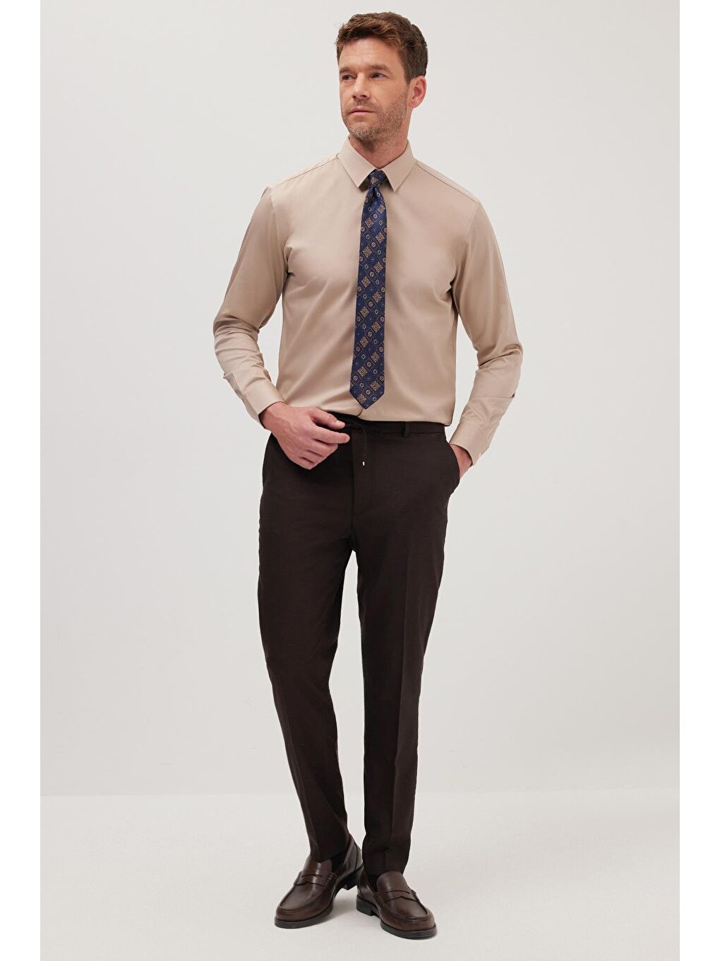 Slim Fit Bej Non-Iron %100 Pamuk Doğa Dostu Ekoteks Belgeli Ütü Gerektirmez Gömlek-3