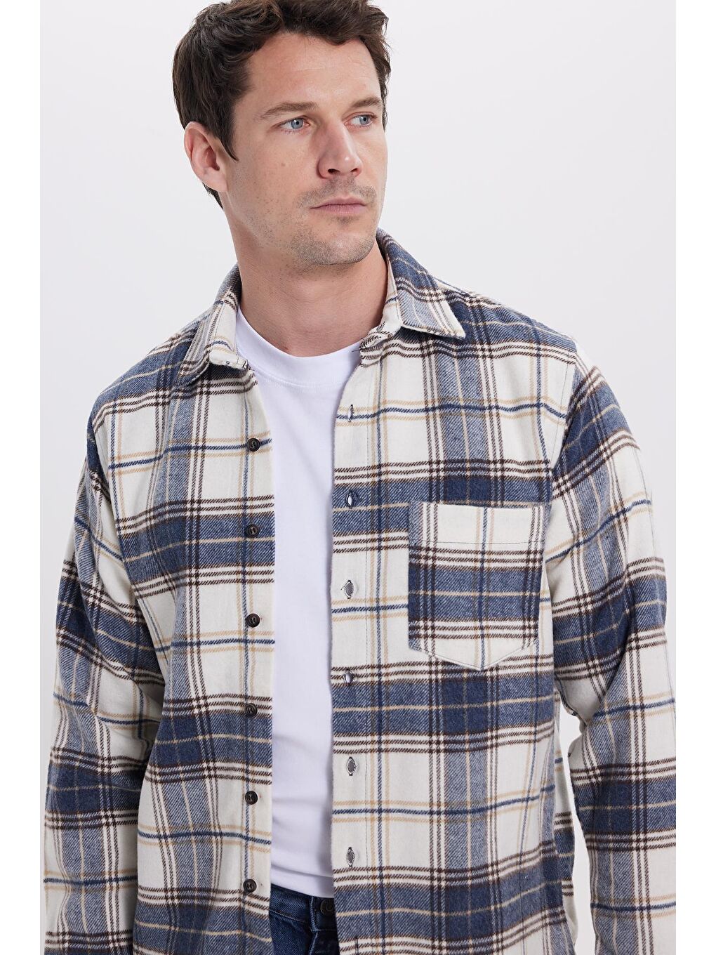 Lacivert Erkek Regular Fit Rahat Kesim Kışlık Kareli Oduncu Gömlek