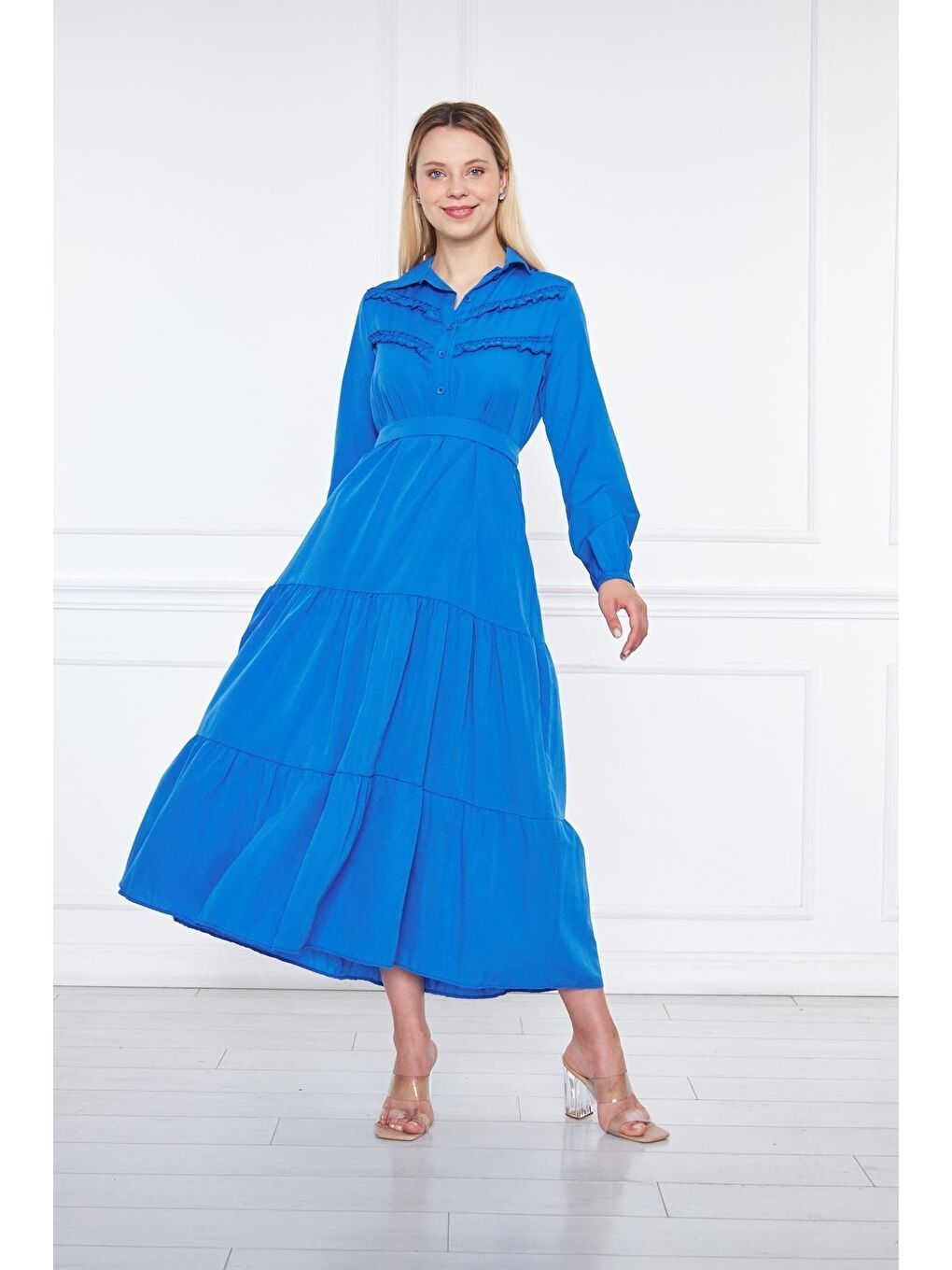 Mavi Kadın Katlı Pilise Detaylı Gömlek Yaka Elbise