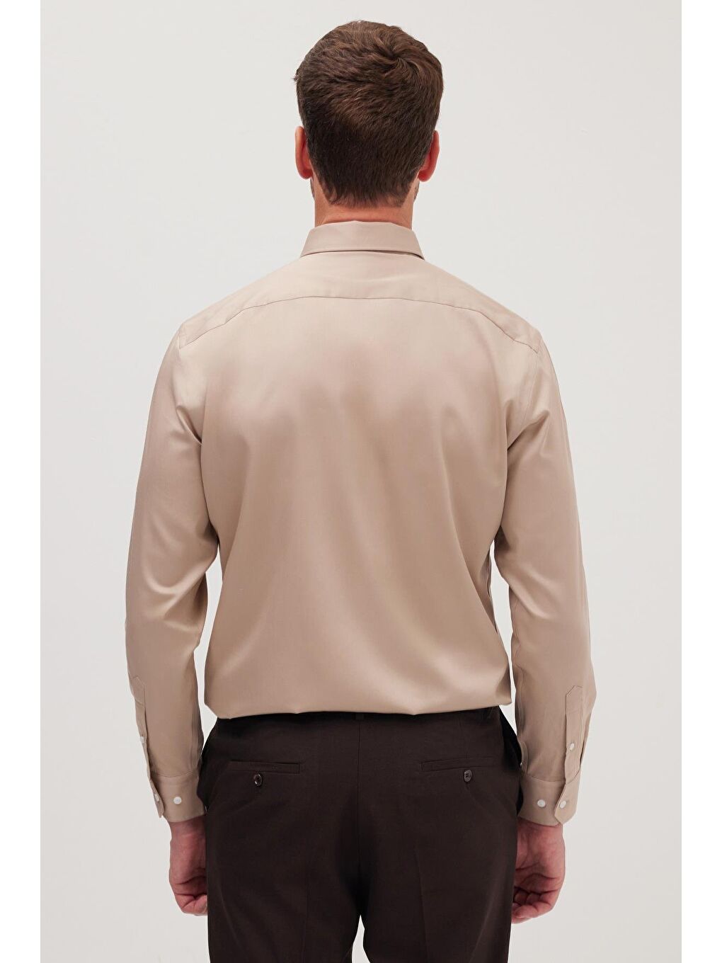 Slim Fit Bej Non-Iron %100 Pamuk Doğa Dostu Ekoteks Belgeli Ütü Gerektirmez Gömlek-6