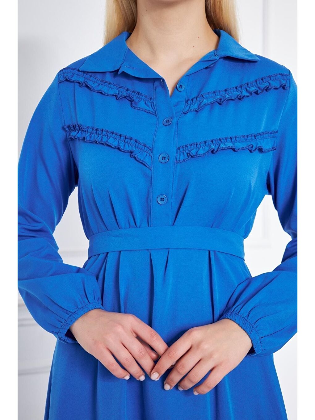 Mavi Kadın Katlı Pilise Detaylı Gömlek Yaka Elbise-1