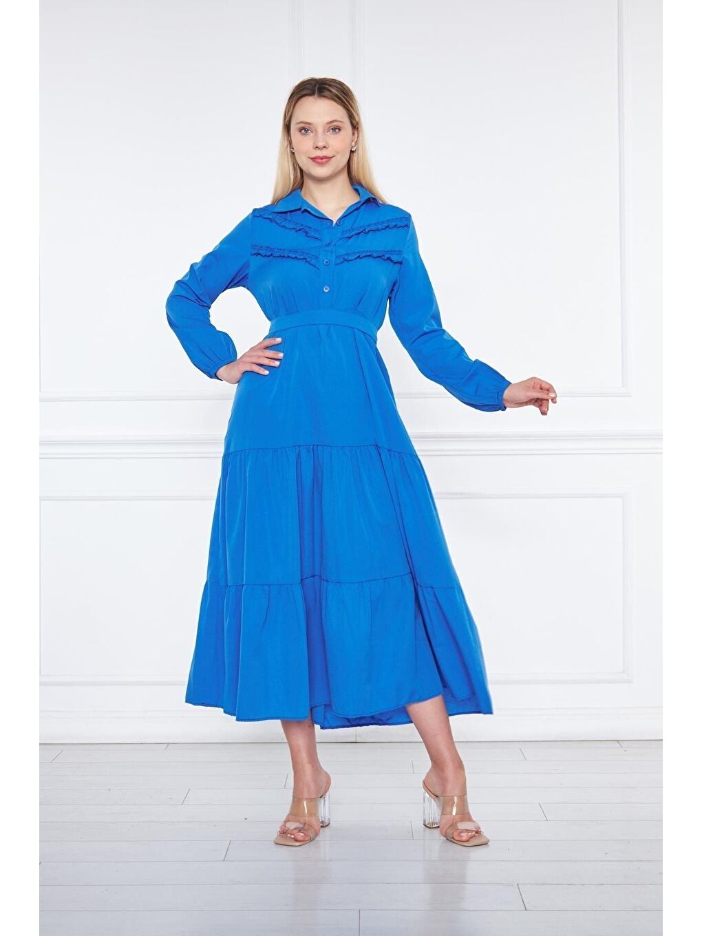 Mavi Kadın Katlı Pilise Detaylı Gömlek Yaka Elbise-2
