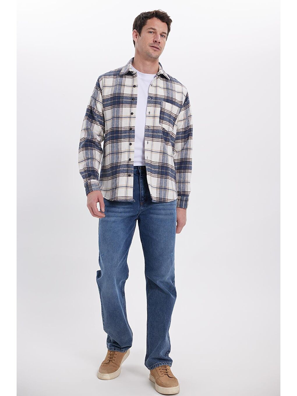 Lacivert Erkek Regular Fit Rahat Kesim Kışlık Kareli Oduncu Gömlek-3