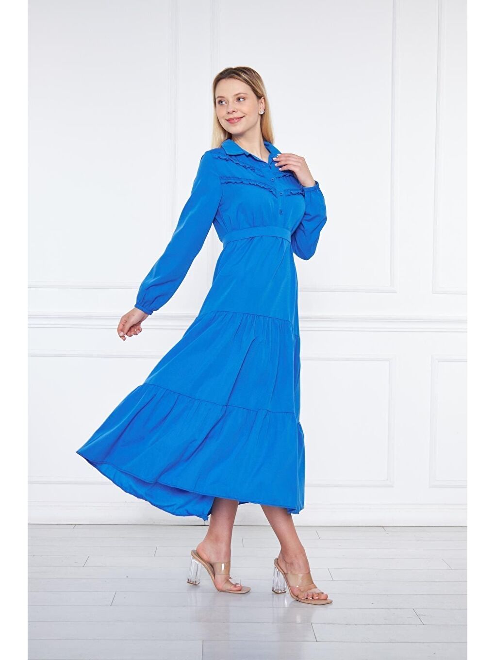 Mavi Kadın Katlı Pilise Detaylı Gömlek Yaka Elbise-3