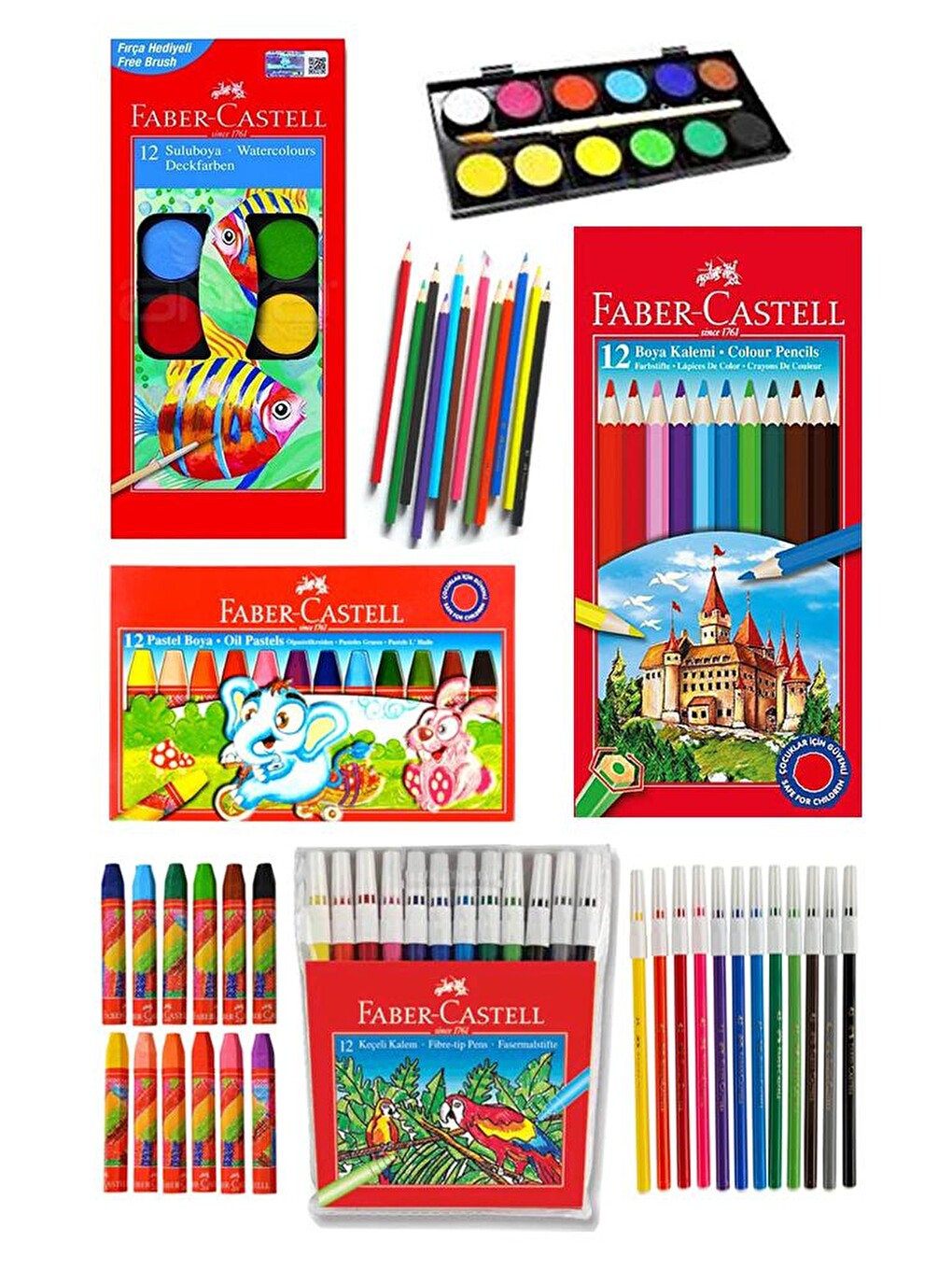 Öğrenci Boyama Seti 4 Lü 12 Renk Sulu Boya Kuru Boya Pastel Boya Keçeli Kalem 12 Li Boyama Seti