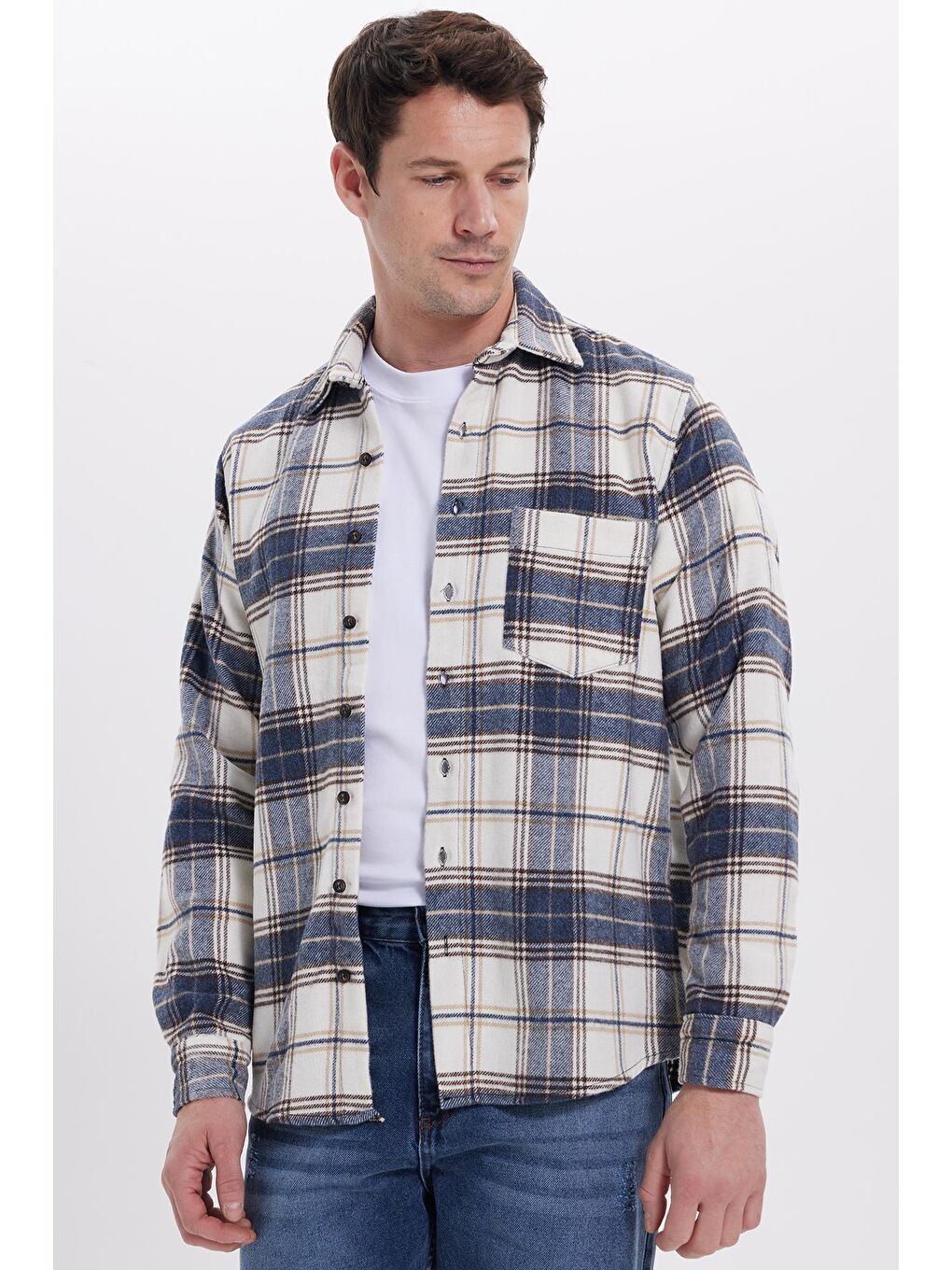 Lacivert Erkek Regular Fit Rahat Kesim Kışlık Kareli Oduncu Gömlek-4