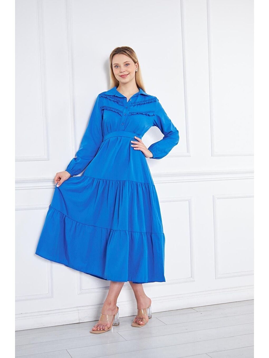 Mavi Kadın Katlı Pilise Detaylı Gömlek Yaka Elbise-4