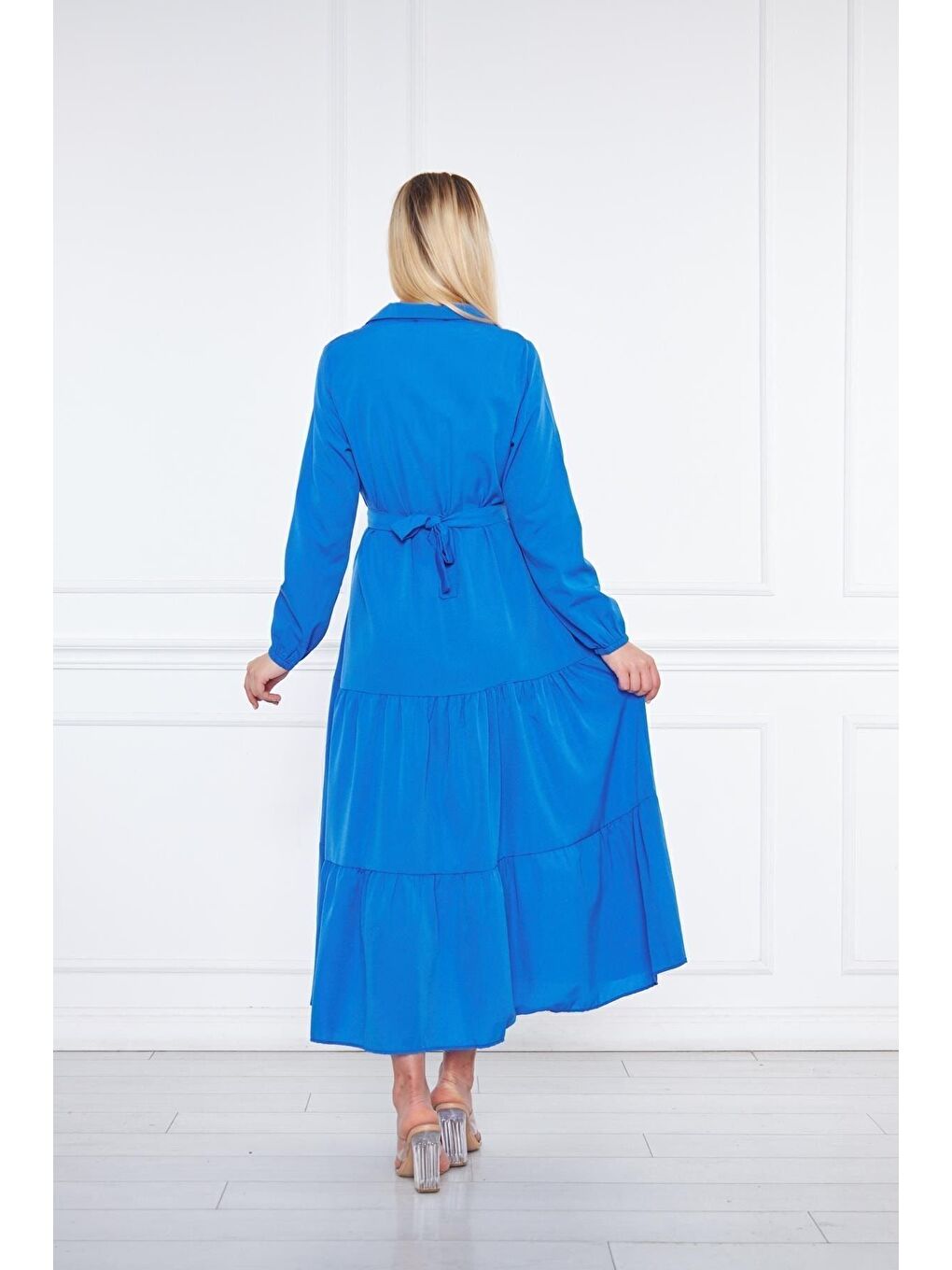 Mavi Kadın Katlı Pilise Detaylı Gömlek Yaka Elbise-5