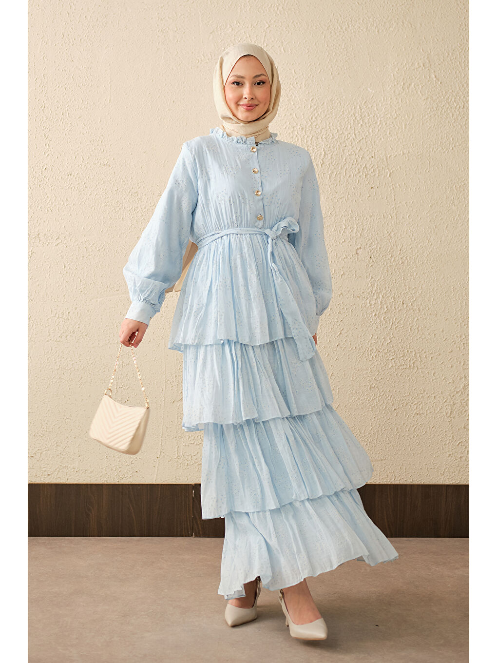 Kadın Beli Lastikli Gold Düğme Detaylı Volanlı Elbise Mavi-2