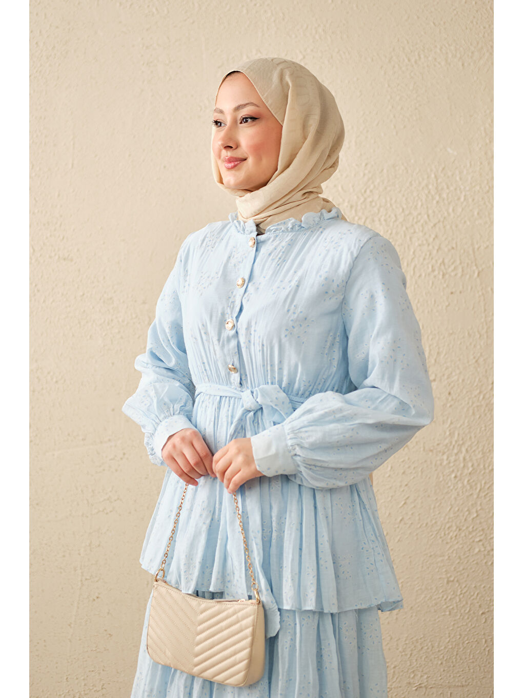 Kadın Beli Lastikli Gold Düğme Detaylı Volanlı Elbise Mavi-3