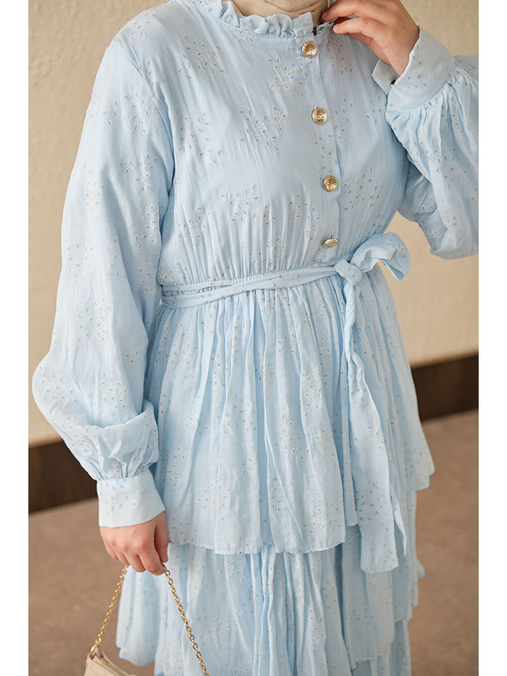 Kadın Beli Lastikli Gold Düğme Detaylı Volanlı Elbise Mavi-4