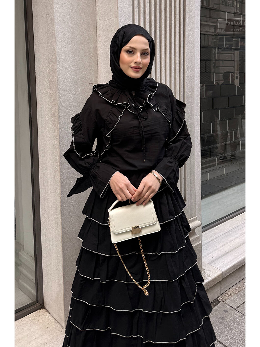 Kadın Kat Kat Vual Etekli Takım Siyah-1