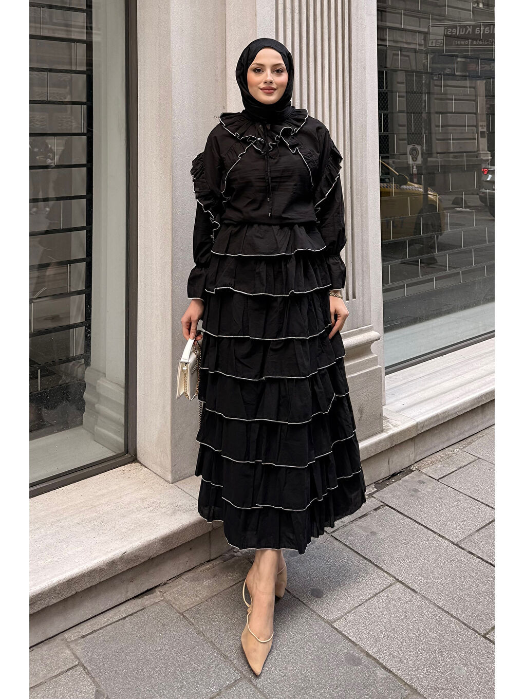 Kadın Kat Kat Vual Etekli Takım Siyah-2