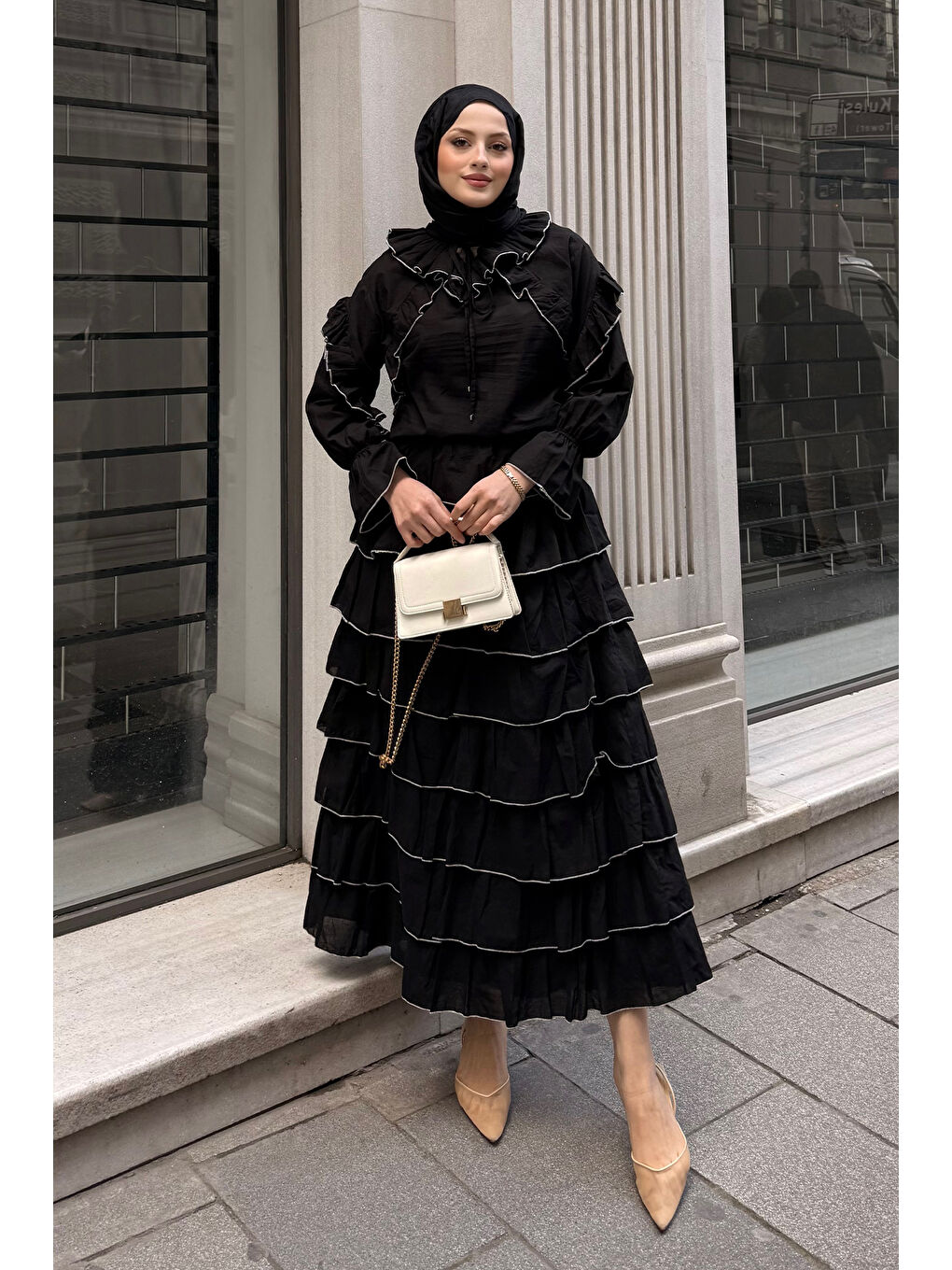 Kadın Kat Kat Vual Etekli Takım Siyah-3