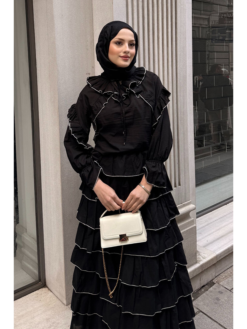 Kadın Kat Kat Vual Etekli Takım Siyah-4