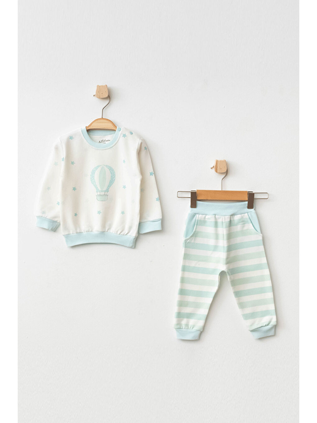 Yeşil Erkek Bebek Yıldız Balon Desenli Sweatshirt Pantolon 2 'li Alt Üst Bebek Takımı 3 Ay-36 Ay